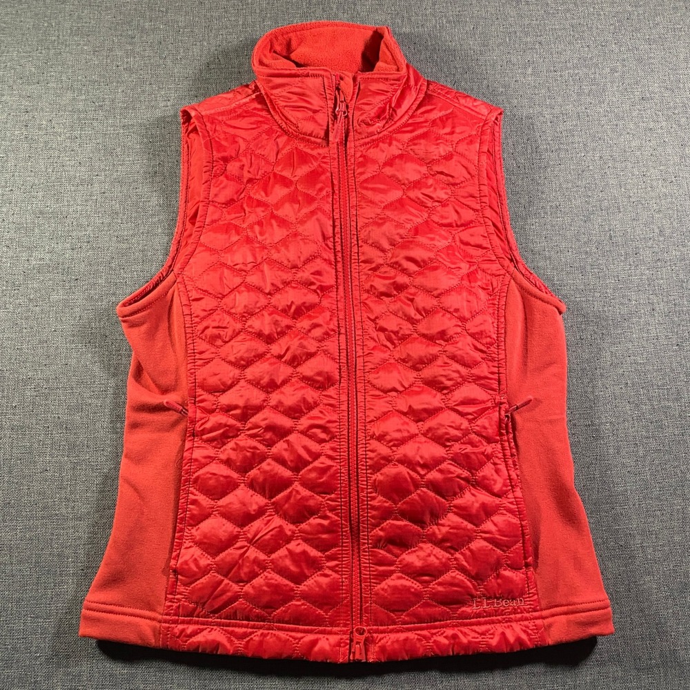 LL Bean Womens Quilted Fleece Vest Red Full Zip Pockets Size Small